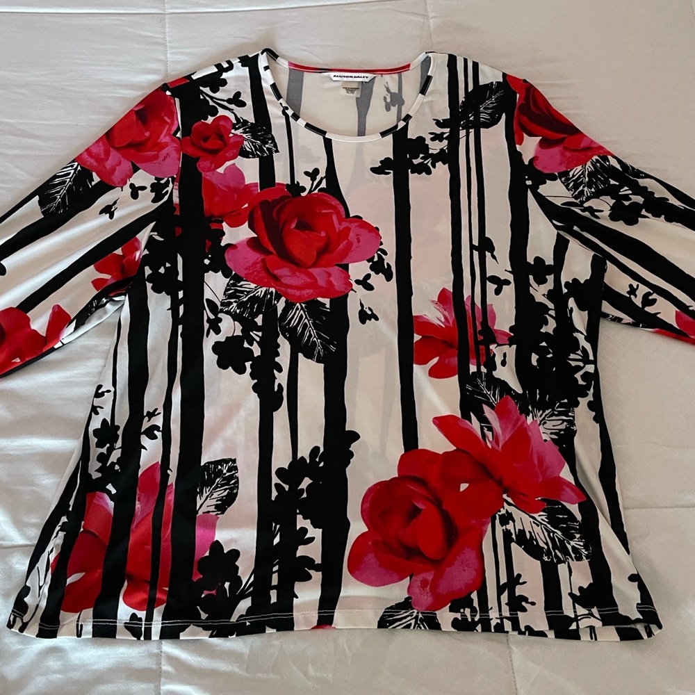 Allison Daley Black and white blouse with red roses